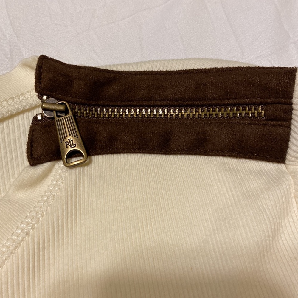 Ralph Lauren VTG LSleeve Pullover Ivory & Brown Elbow Patches, Zipper SZ P/L, EC - Picture 8 of 12